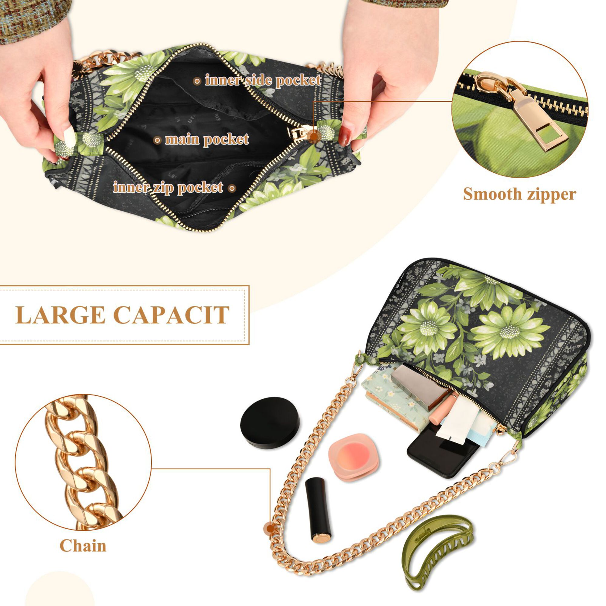 FORMRS Womens Shoulder Bag with Chain Strap Clutch Purse Cute Tote Handbag, Green Flowers