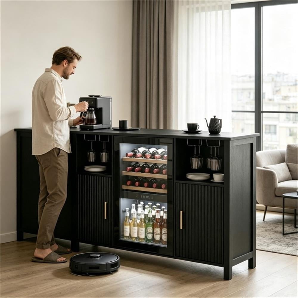 53" Black Engineered Wood Wine Bar Cabinet with Mini Fridge Space & Power Outlets
