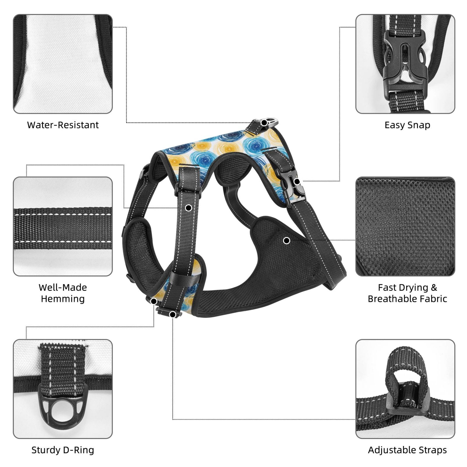Kdxio Circular Print No Pull Dog Harness Adjustable Reflective Oxford Easy Control Medium Large Dog Harness for Training and Everyday-X-Large