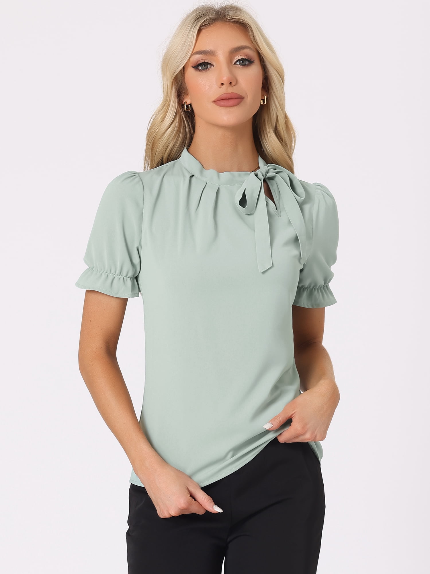 Unique Bargains Women's Bow Tie Neck Office Elegant Short Sleeve Blouse Top XL Light Green