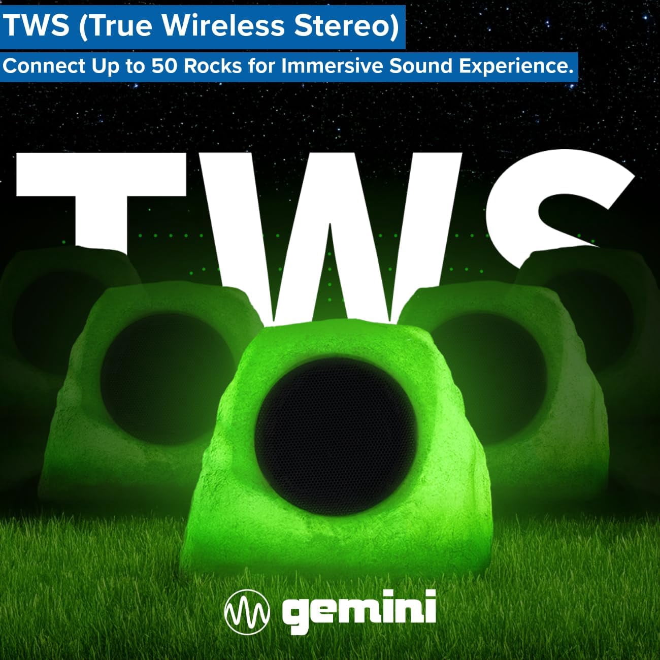 Gemini GHRK-500LTMS Solar Bluetooth TWS 30-Watt-Peak Outdoor Rock Speaker with LED Lighting (2 Pack), GHRK-500LTMS-PR