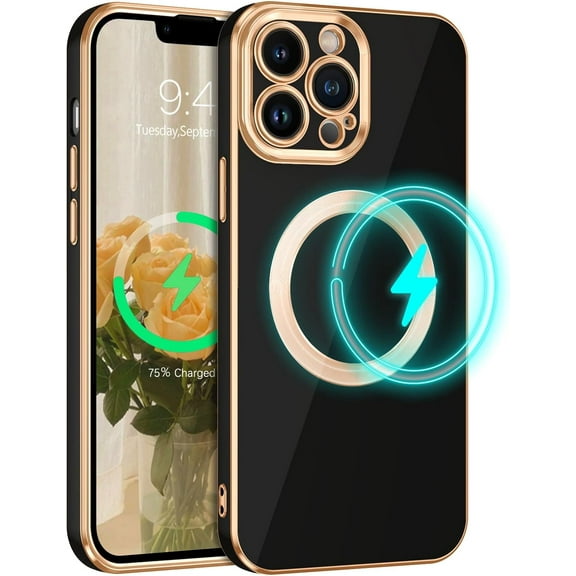 iPhone 13 Pro Max Phone Case,iPhone 13 Pro Max Case [Compatible with MagSafe][Car Mount Supported] Slim Magnetic Plating Soft TPU Shockproof Protective Cover for iPhone 13 Pro Max,Black Golden
