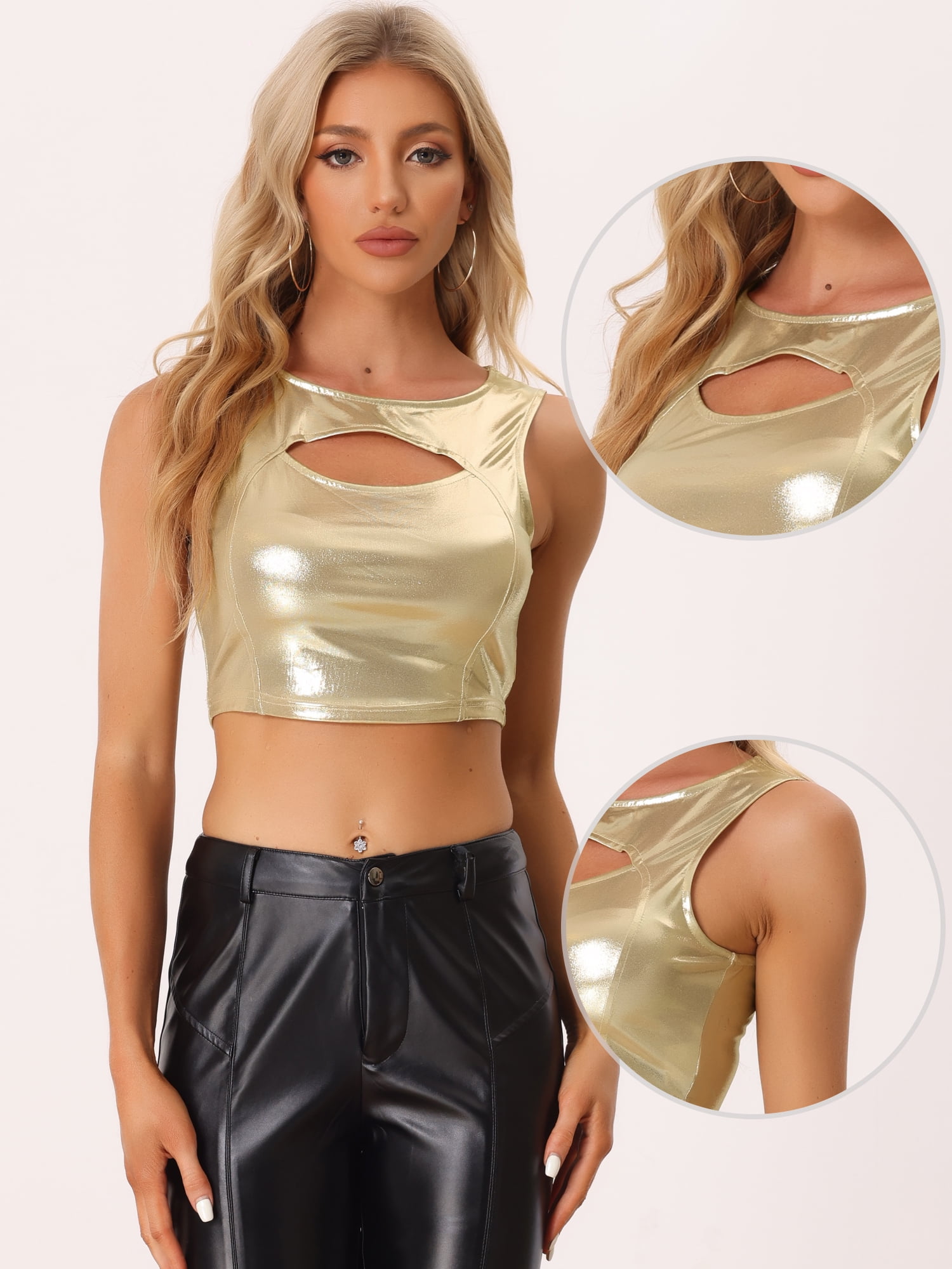 DARING DIVA Women's Shiny Metallic Crop Cut Out Party Tank Tops S Light Gold