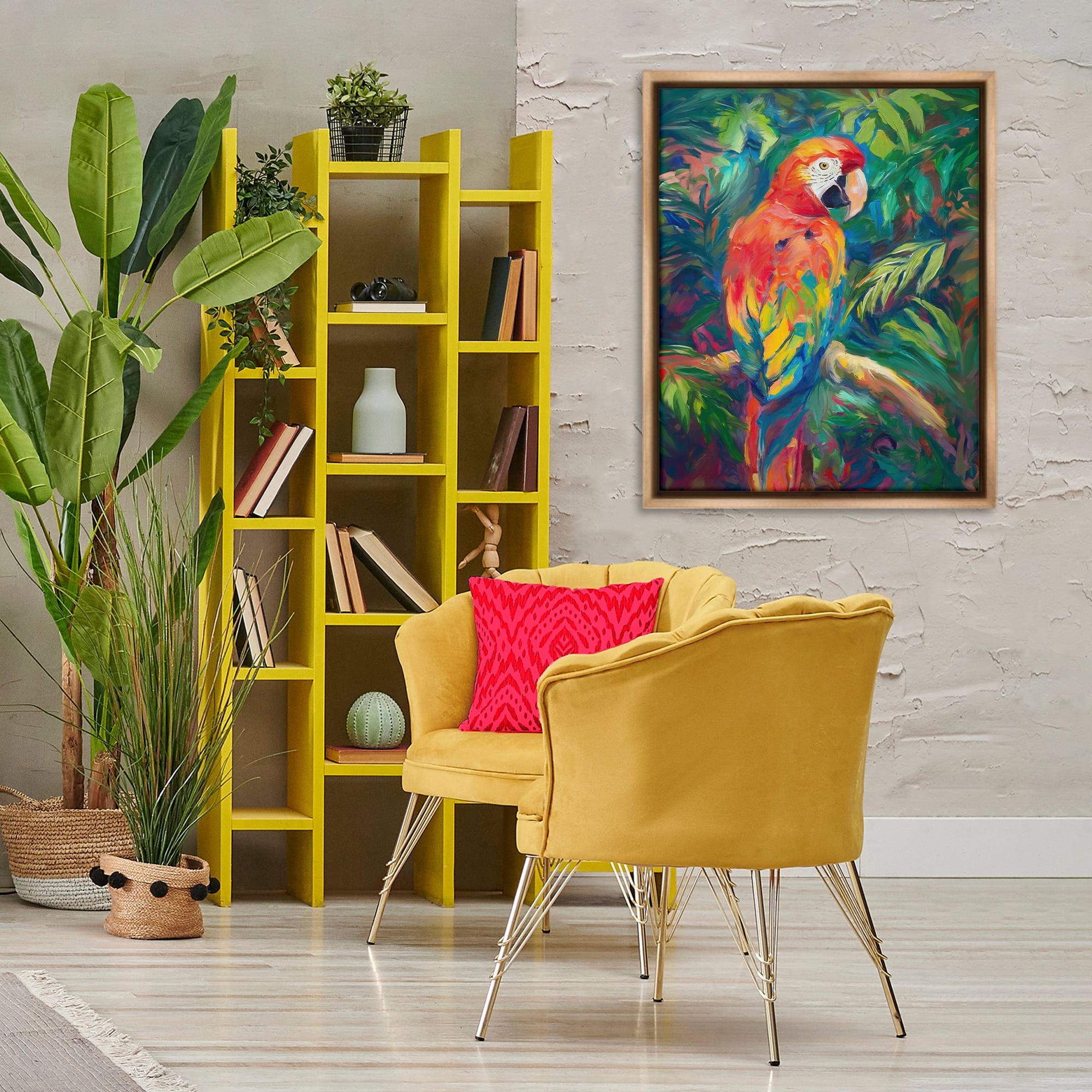 Stupell Industries Jungle Macaw on Branch Animals & Insects Painting Brown Floater Framed Canvas Art Print Wall Art, 25 x 31