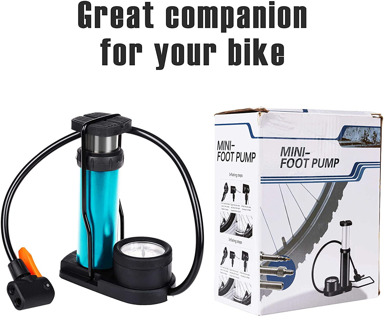 Addmotor Bike Pump, Mini Portable Bicycle Foot Pump with Pressure Gauge, Bicycle Tire Air Pump