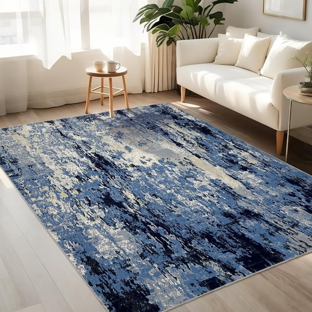 Modern Abstract Area Rug – Washable, Non-Slip, Mark Resistant, Low Pile, Soft Faux Wool Carpet for Living Room, Bedroom, Dining – Easy to Clean, Non-Shedding – Blue, 5x7ft (152x213cm), USA Stock