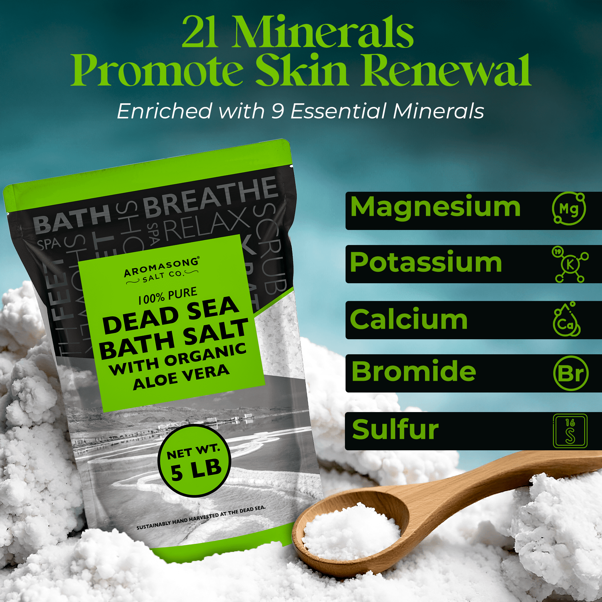 Aromasong Dead Sea Salt with Aloe Vera, 5 lb Fine Grain Bath Salt, 100% Natural, Resealable Pack for Soak & Scrub