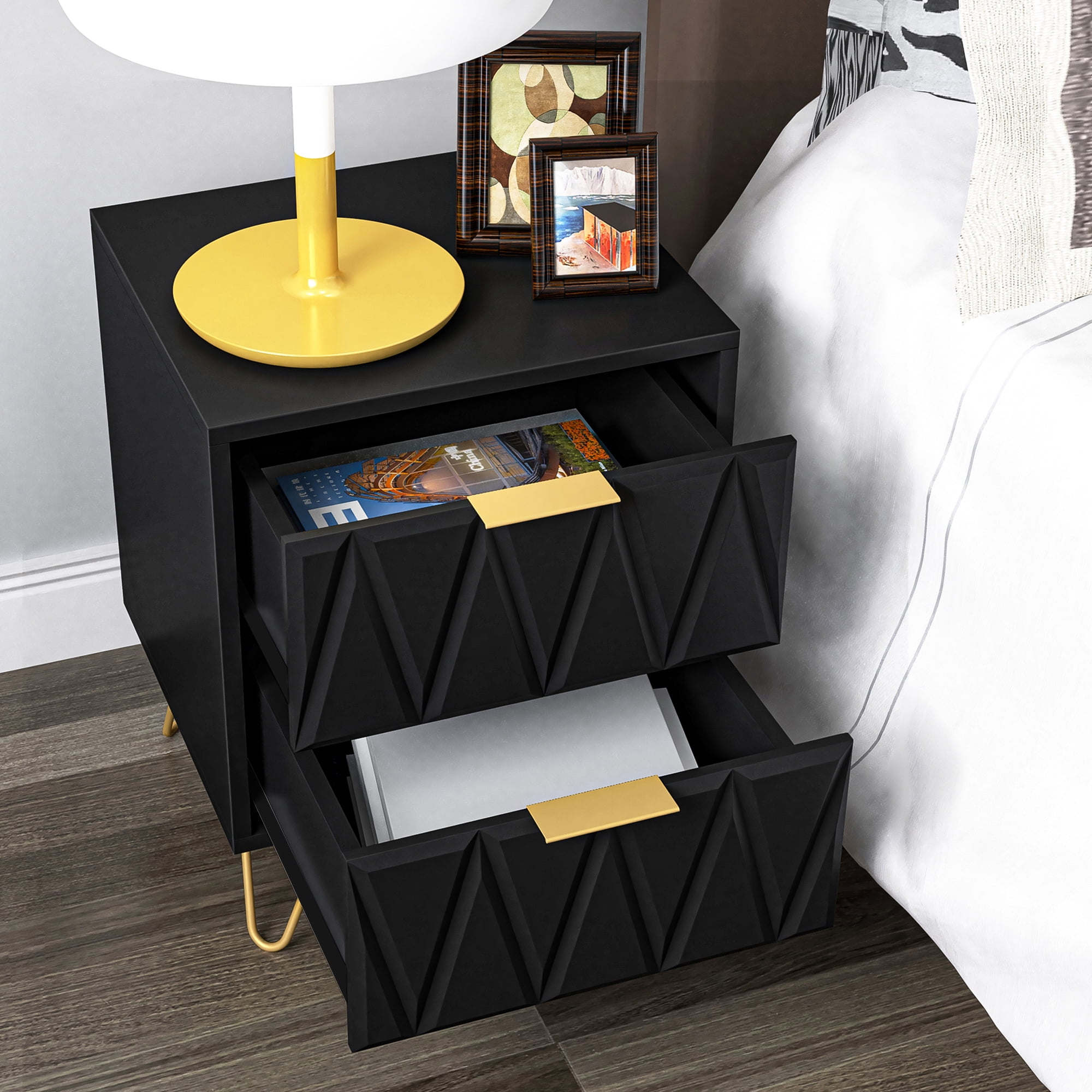 Resenkos 2-Piece Geometric Pattern Nightstands with Gold Hairpin Legs & Brass Handles, Modern Bedside Storage Cabinets for Bedroom, Black