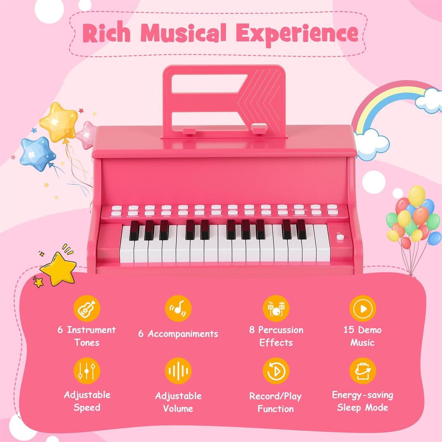 Spaco 25-Key Piano Keyboard for Music Learning, Teaching Mode & Record Function, Adjustable Speed, Pink