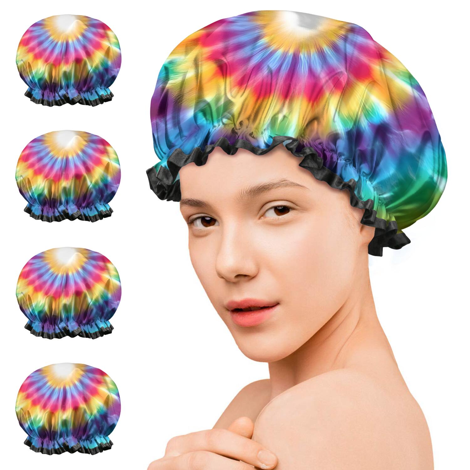 Shower Caps,Rainbow Tie Dye Radial Pattern Waterproof Shower Cap for Women 4 Pieces,Double Reusable Hair Cover for Shower PEVA Elastic Stretch Hem