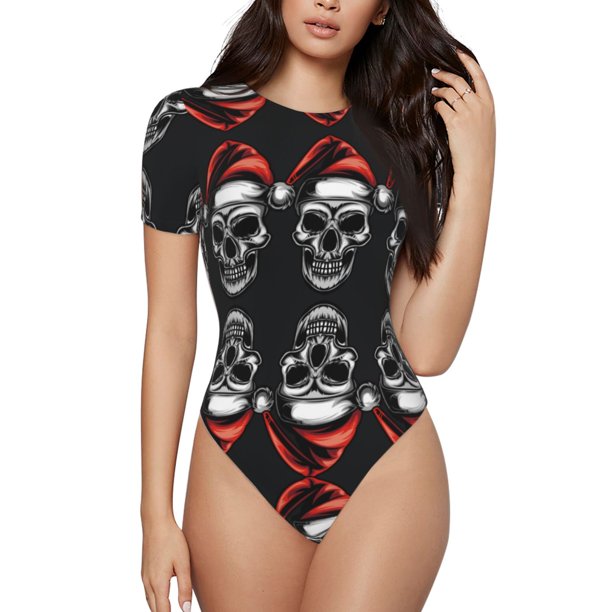 Fotbe Skull santa hat Body de Mujer con Cuello Redondo y Mangas Cortas, Sin Mangas Ajustado, Suave, Cómodo y Básico-XX-Large