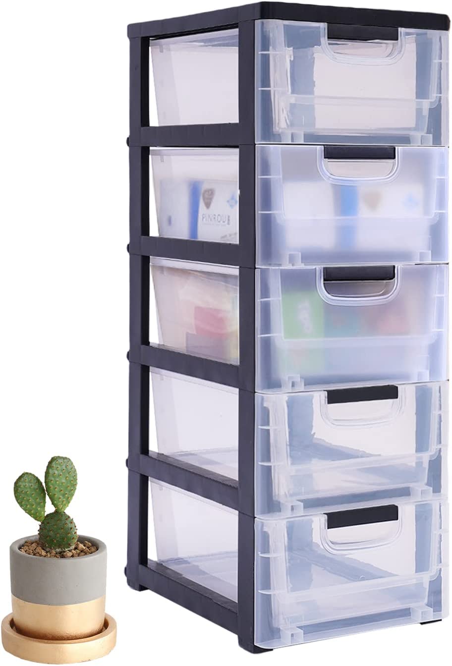Storage Tower, 5 Drawers Plastic Drawers Dresser,Black Frame with Clear Drawers,Craft Organizers