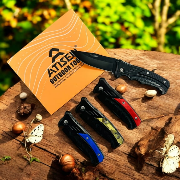 Atisen - 4-Piece Pocket Knife Set. Portable folding knives, perfect for camping, BBQs, fishing, hiking, with LED light rifle knives, pocket clips, and safety locks. A great gift for family and friend