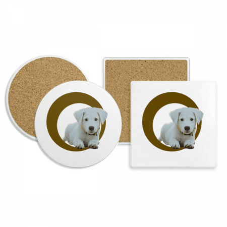 

Crouching Dog White Ring Pet Coaster Cup Mug Holder Absorbent Stone Cork Base Set