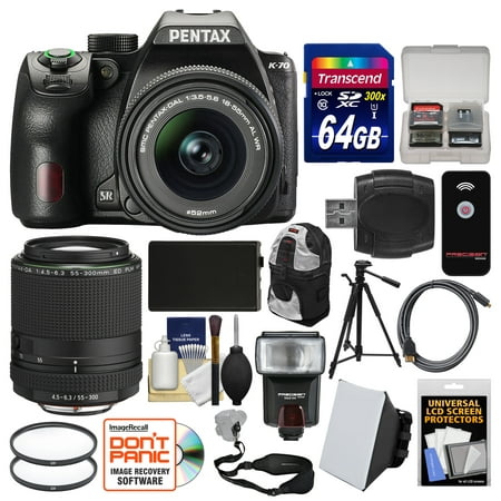 Pentax K-70 All Weather Wi-Fi Digital SLR Camera with 18-55mm AL WR & 55-300mm Lens + 64GB Card + Backpack + Flash + Battery + Tripod + Filters