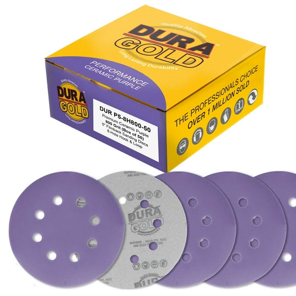 Dura-Gold Premium 800 Grit 5" Purple Film Ceramic Sanding Discs, 8-Hole Pattern, Box of 50 - Dustless Hook & Loop Backing Sandpaper for DA & Random Orbital Sanders - Sand Auto Paint, Woodworking