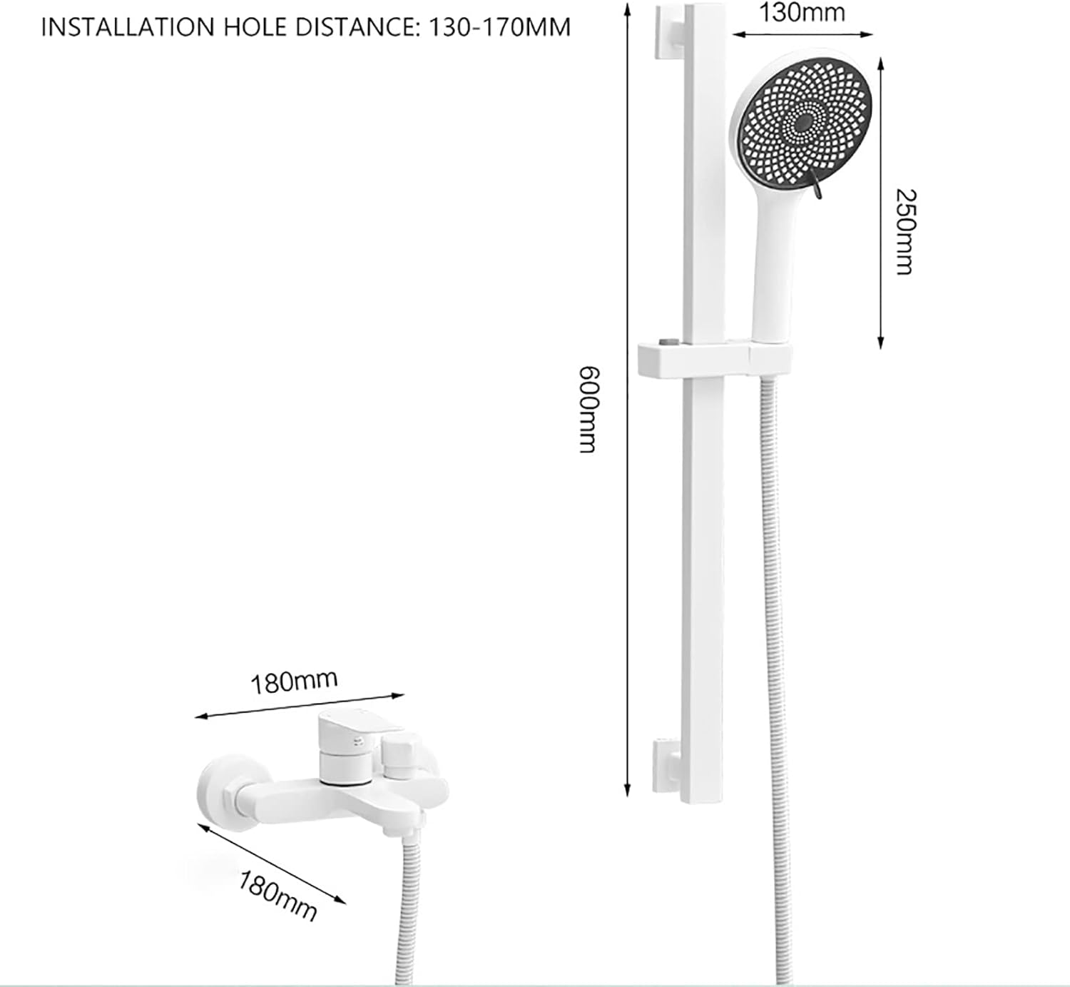 White Tub Faucet Single Handle 2 Holes Bathtub Faucet Wall Mount Tub Filler Faucet Brass Tub Mixer Tap with 3 Spray Handheld Shower, Shower Slide Bar