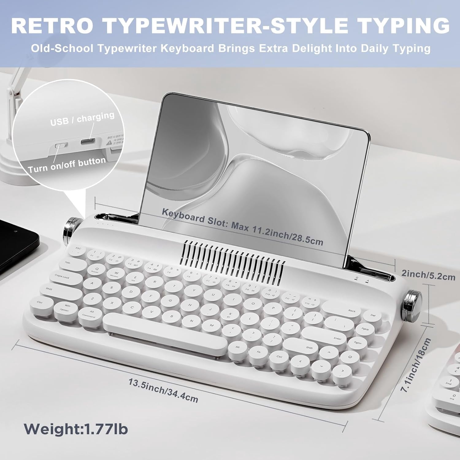 YUNZII Retro Wireless Typewriter Keyboard with Stand, USB-C/Bluetooth, Cute Round Keycaps,Stand for Table, Phone, PC and Win/Mac/Android,White