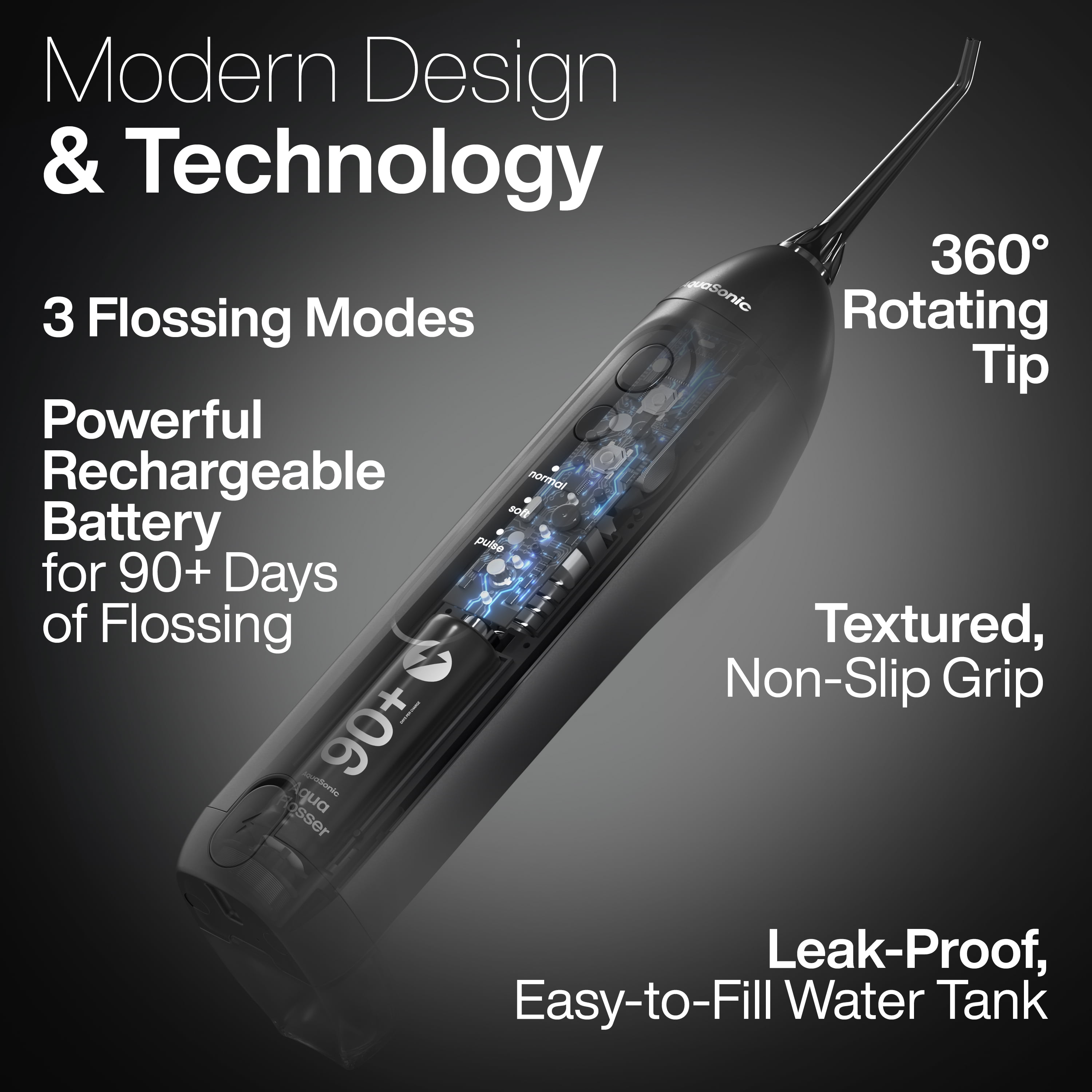 AquaSonic Icon Electric Water Flosser - 150ml Tank, Cordless Rechargeable, Waterproof, Portable Oral Irrigator - Black