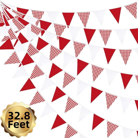 32ft Red Plaid Checkered Triangle Flag Pennant, Festive Carnival & Circus Theme Party Decorations for Christmas, Wedding, Birthday
