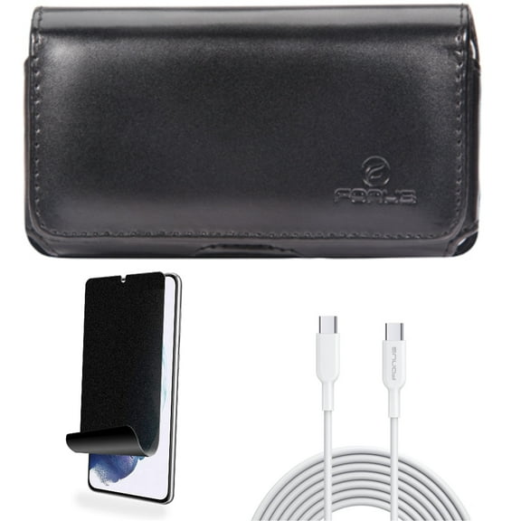 For Samsung Galaxy S21 (6.2") - PD Fast Charger Cord 10ft Long Type-C Cable   Swivel Leather Case Belt Clip   [Fingerprint Works] TPU Film Privacy Screen Protector
