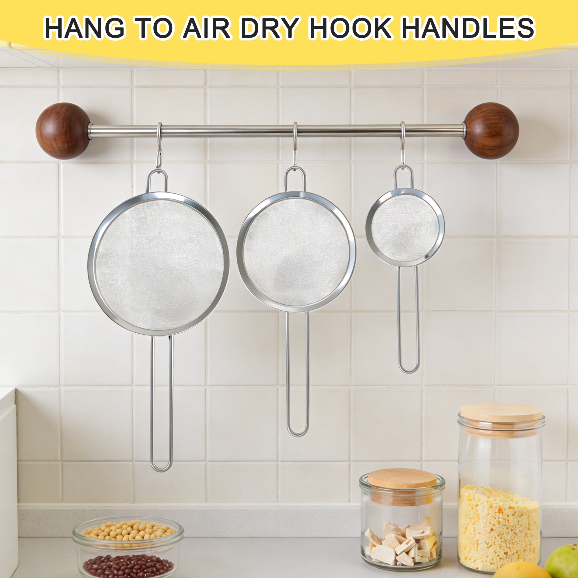3 Pack Stainless Steel Fine Mesh Strainers, 4/6/8 Inch Kitchen Sieve Colander Set with Handle Hook, Food Strainer for Flour Juice Fruits Cooking
