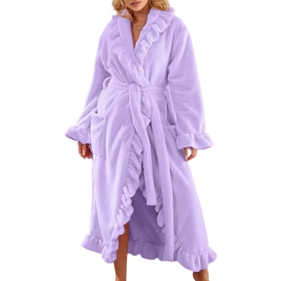 Yokua Luxury Coral Fleece Bathrobe Soft Thermal Winter Robe Long Sleeve for Women