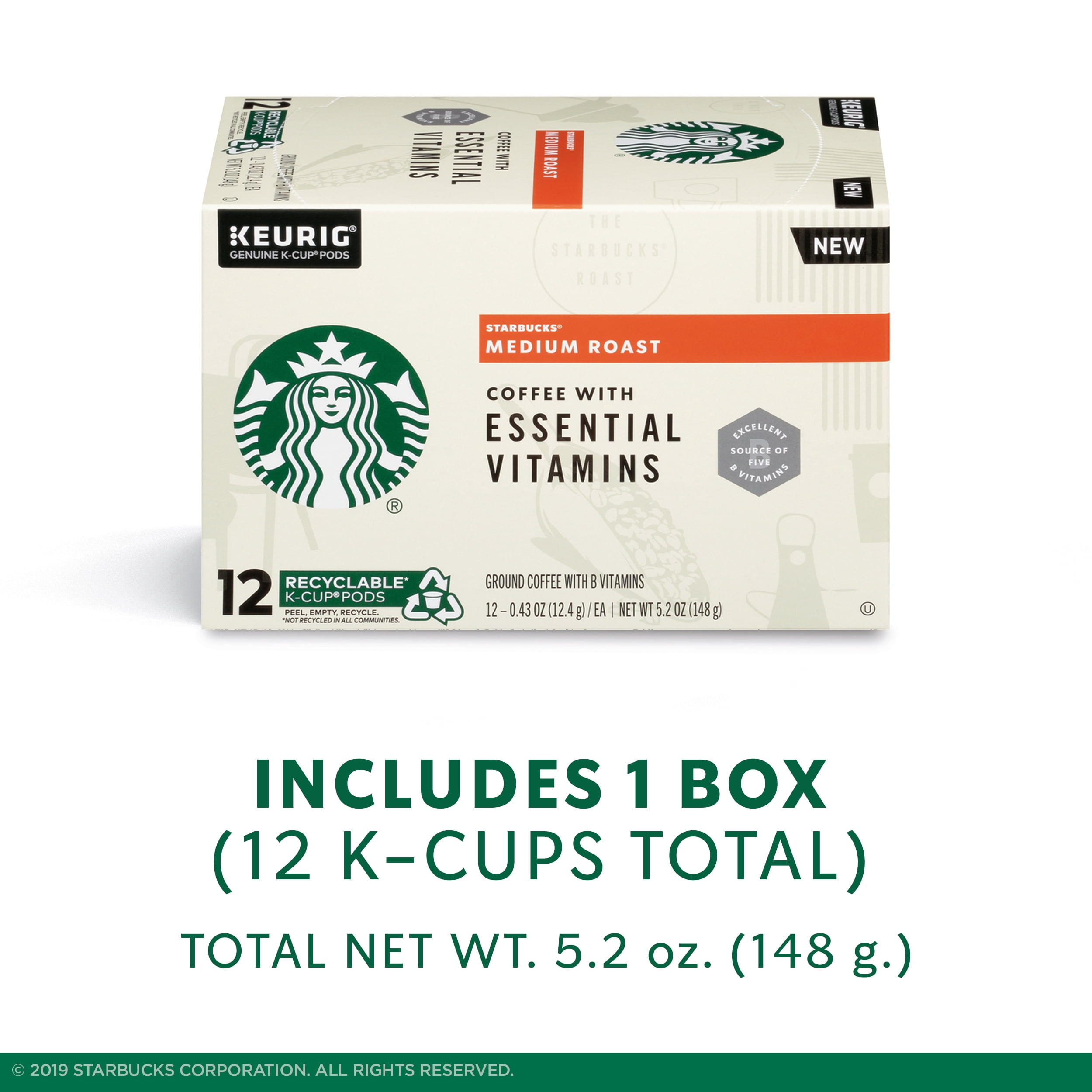 Starbucks Medium Roast K-Cup Coffee Pods with Essential B Vitamins — for Keurig Brewers — 1 box (12 pods)