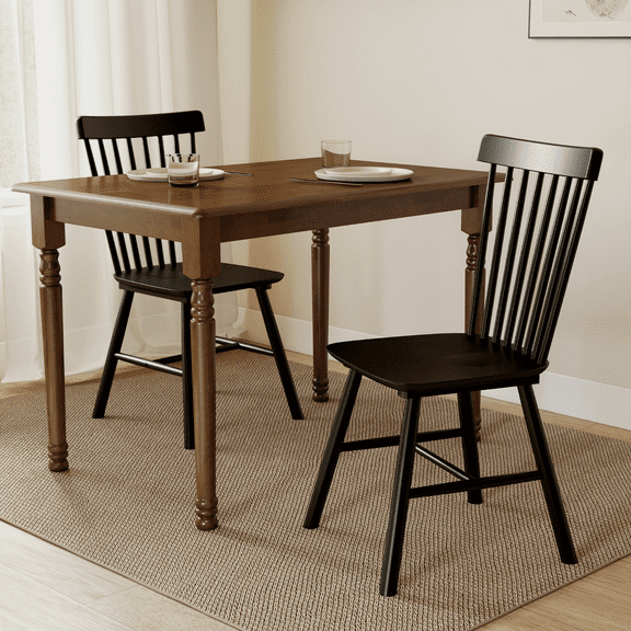 Dayalane Farmhouse Windsor Dining Chairs Set of 2, Solid Wood Spindle Back Dining Side Chairs, Mid-Century French Country Oak Kitchen Chairs for Dining Room Living Room Kitchen Restaurant, Black