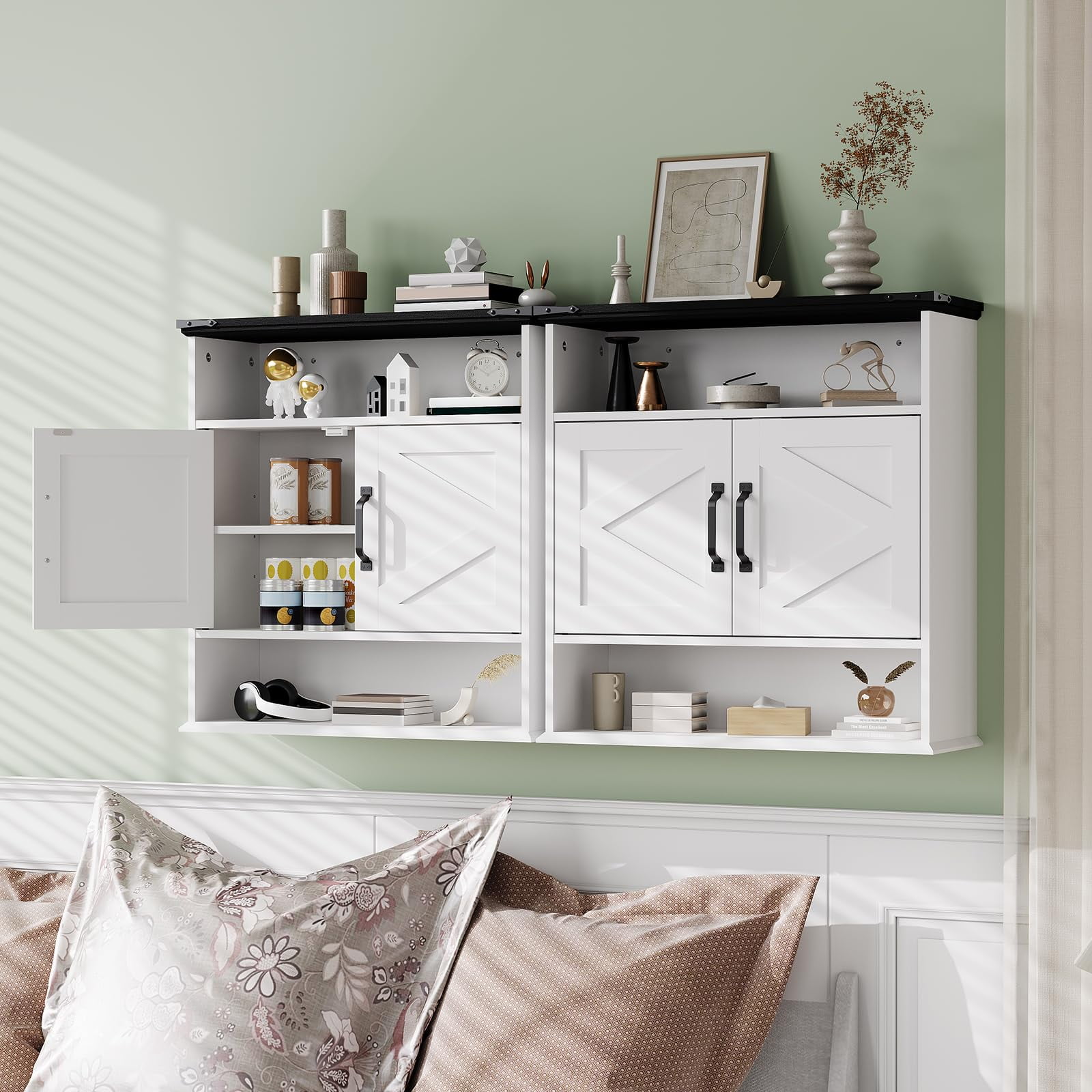 25" Wide Wall-Mounted Bathroom Cabinet with Barn Doors, Over-Toilet Storage with Adjustable Shelf & Drawer, Hanging Cabinet for Bathroom, Kitchen, Laundry, or Entryway