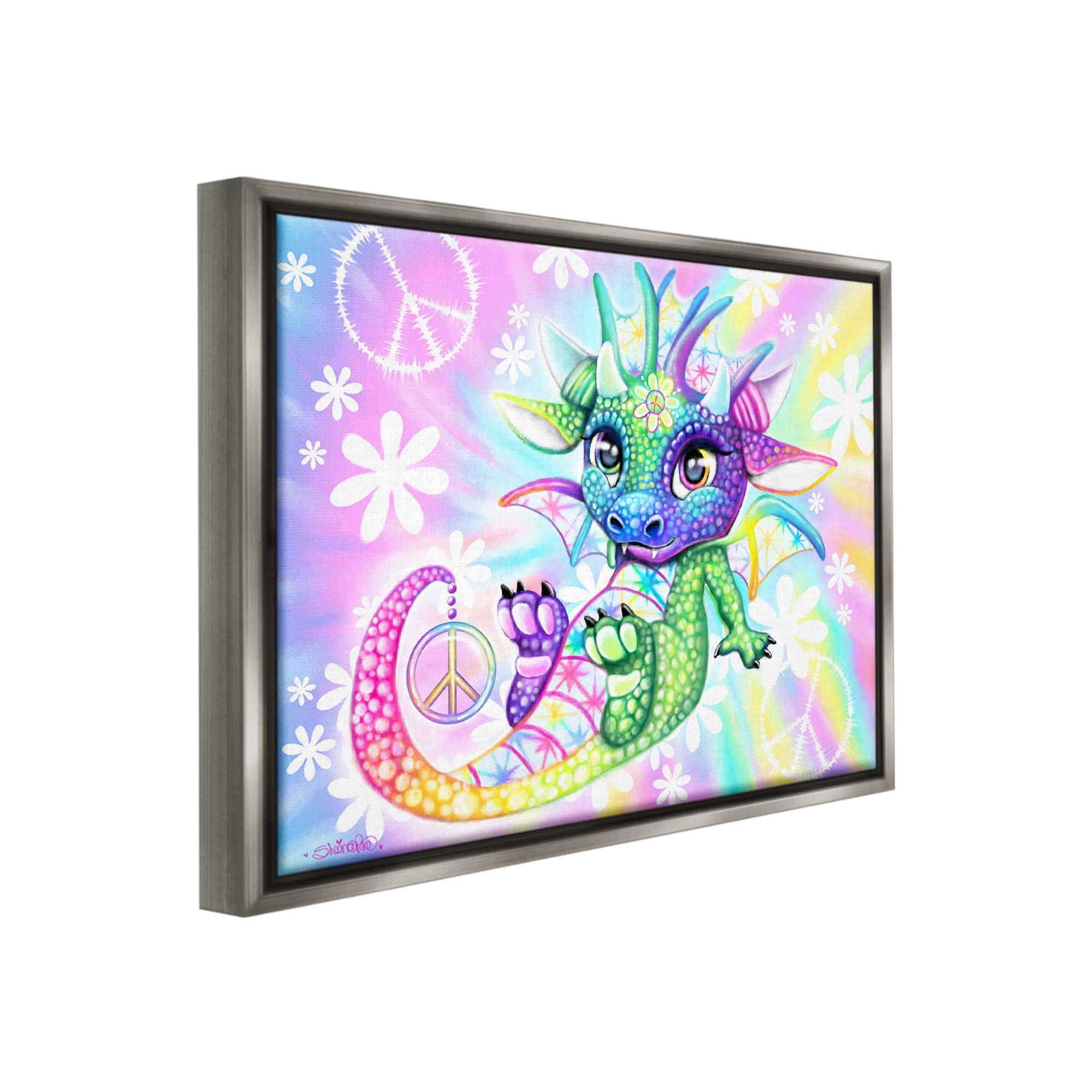 Stupell Industries Groovy Dragon Pattern Fairy Tales & Fantasy Painting Gray Floater Framed Canvas Art Print Wall Art, 31 x 25