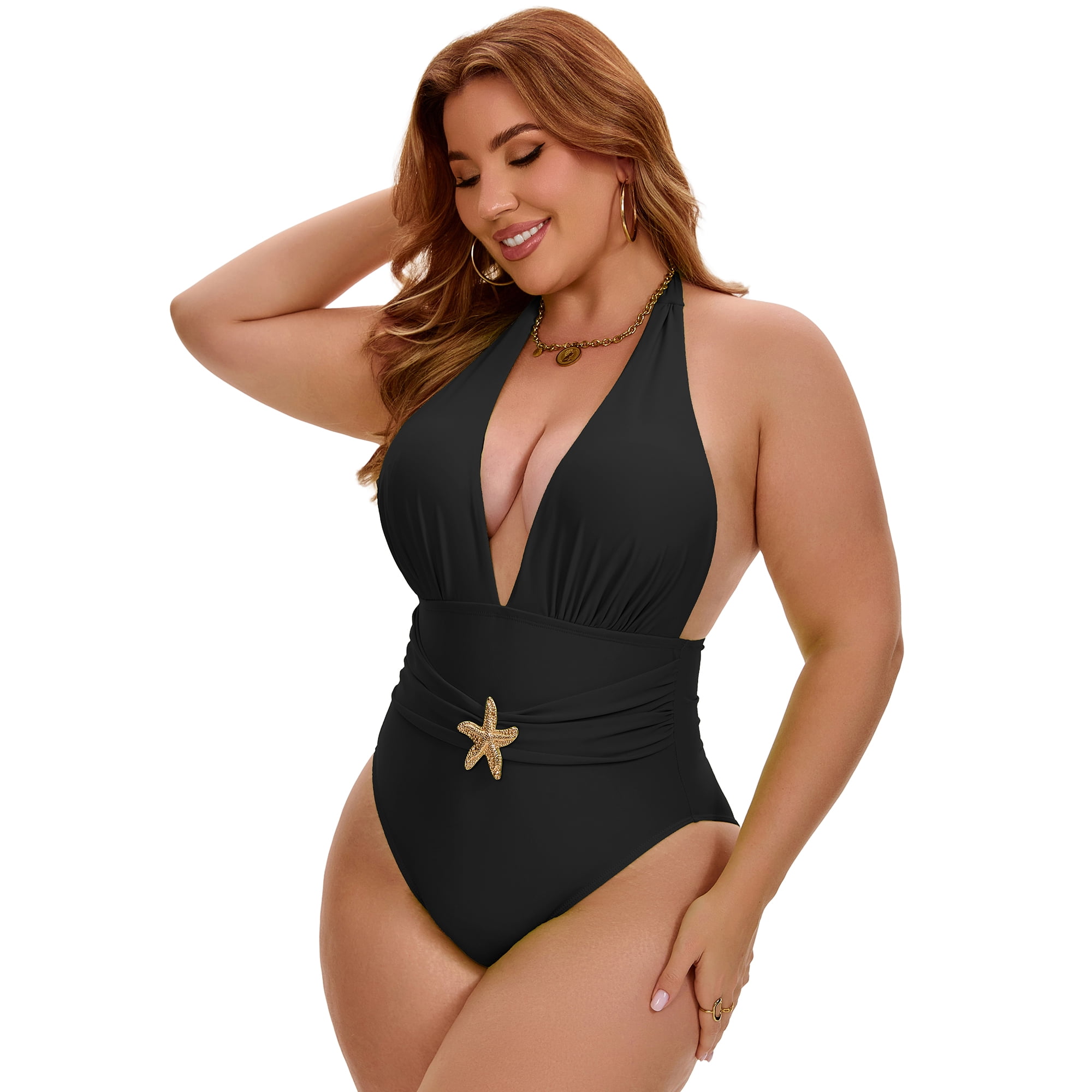 DARING DIVA Women's Plus 1 Piece Halter Tummy Control Swimwear 1X Black
