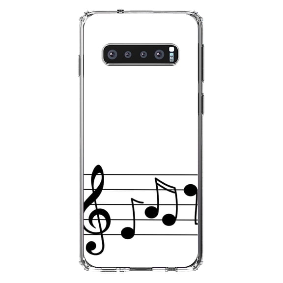 DistinctInk Clear Shockproof Hybrid Case for Samsung Galaxy S10 (6.1" Screen) - TPU Bumper, Acrylic Back, Tempered Glass Screen Protector - Treble Staff Music Notes