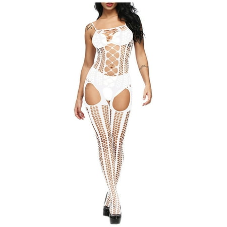 Ohufall Lingerie Sexy Womens Lingerie Fishnet Open Crotch Seamless Mesh Netting Stockings Chemise Hollow Out Bodysuit Sleepwear Clearance