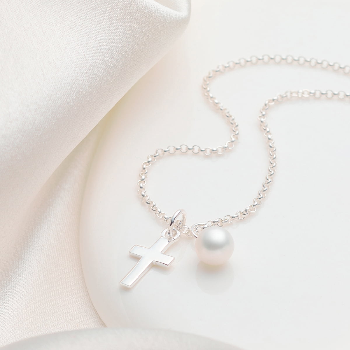 Molly B London Sterling Silver & Pearl Cross Necklace, 16 in Belcher Chain