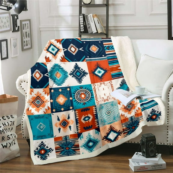 Southwestern Ethnic Throw Blanket For Couch Throw 50"X60" Western Boho Sherpa Throw Blanket Native Tribal Aztec Hippie Fleece Blanket Exotic Bohemian Fuzzy Blanket Teal Orange Geometric Diamond Print
