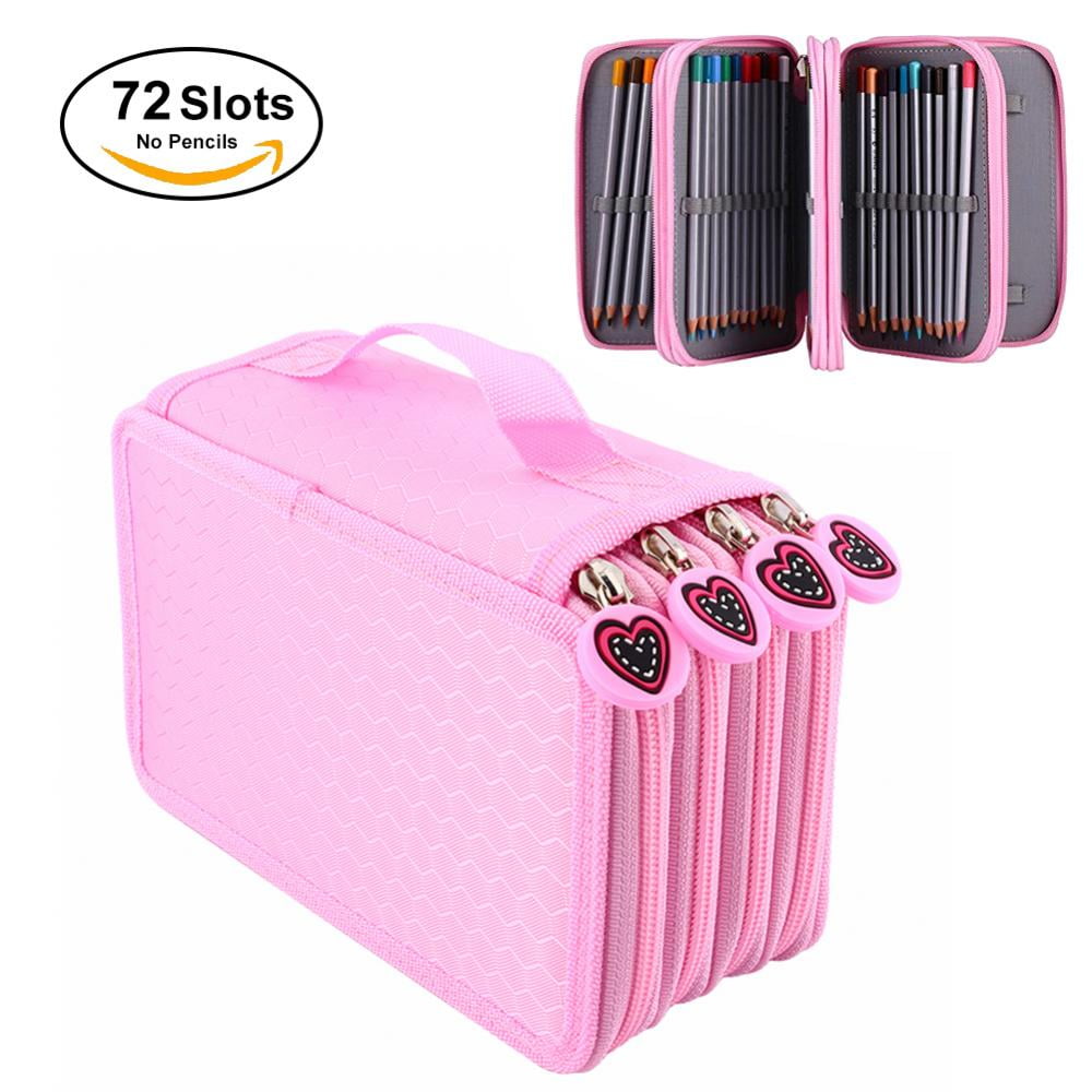 HERCHR 72-Slot Pencil Case Holder Muti-Purpose Handy Pencil Wrap Box Large Capacity Pen Bag Pouch for Colored Pencils, with Zipper Multi-Layer for Students Pen Bag Pouch Stationery Case, Pink