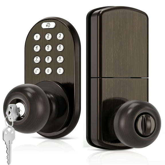 MiLocks Keyless Entry Door Lock with Knob, Keypad Knob Lock with Code for Bedroom, Electronic Digital Smart Locks for Front Door, Auto-Lock and One Touch Locking, Easy to Install, Oil Rubbed Bronze