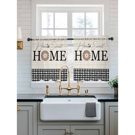 Home Windmill Black Plaid Sheer Kitchen Tier Curtains 36 Inch length,Rod Pocket Half Curtains Short Drapes,Beige Wooden Farmhouse Light Filtering Chiffon Small Window Treatments 2 Pcs 27.5"W x 36"L