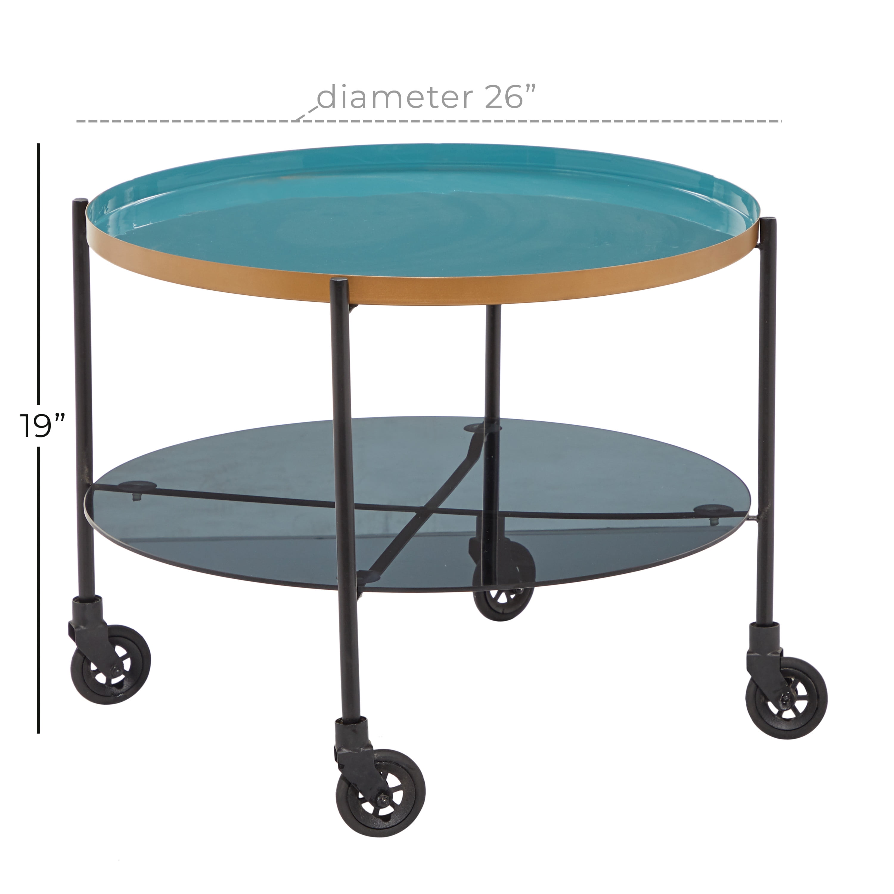 DecMode 18346 Round Black Metal Wheeled Coffee Table with Teal Enamel Tray Top and Tinted Glass Shelf, 26 in X 19 in