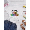 thumbnail image 1 of ”Hello Preschool“ Colorful Letter Print Girls' T-Shirt - Short Sleeve, Crew Neck, Cotton Blend, Casual Summer & Spring Top with Knot Detail, Preschool Shirt, 1 of 6
