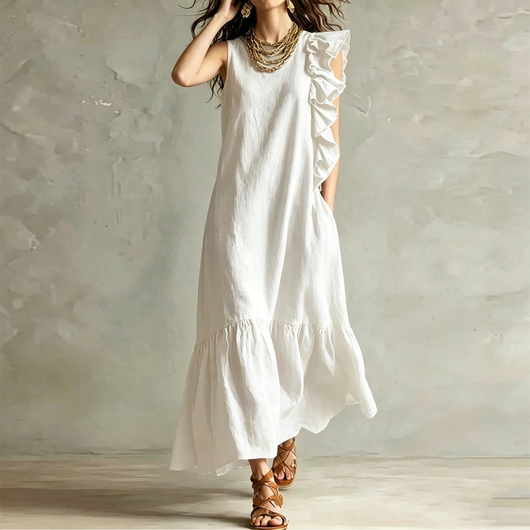 HOMBOM Womens Boho Tank Dresses Maxi Tiered Flowy Sleeveless Vacation Crew Neck Ruffle Shift Dress for Women Casual