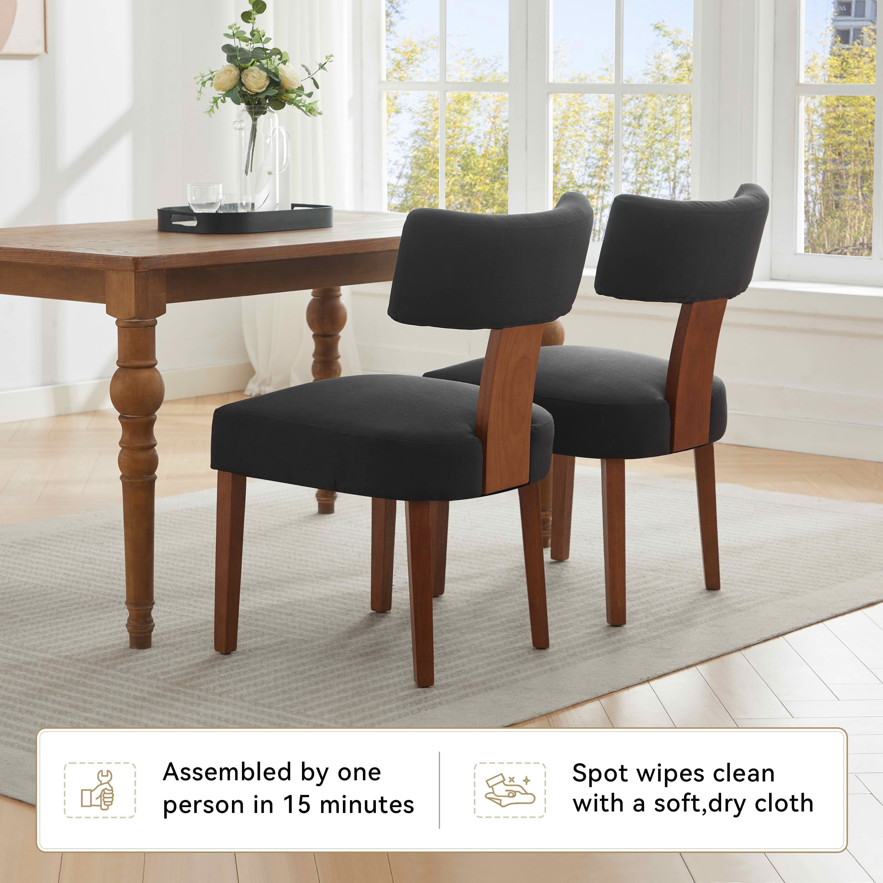 MAYEERTY Set of 2 Linen Fabric Modern Armless Dining Chairs, Curved Backrest & Solid Wooden Legs, for Dining Room & Living Room, Black
