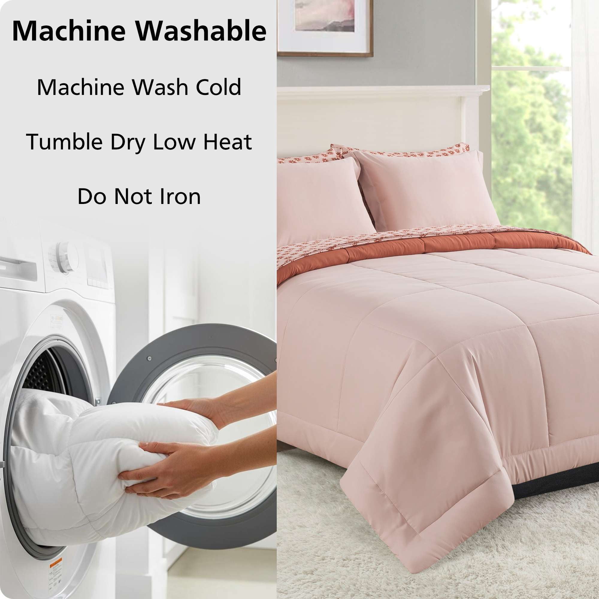 Mainstays All in One Reversible Comforter and Sheet Set, 7-Piece, Full, Pink Blush