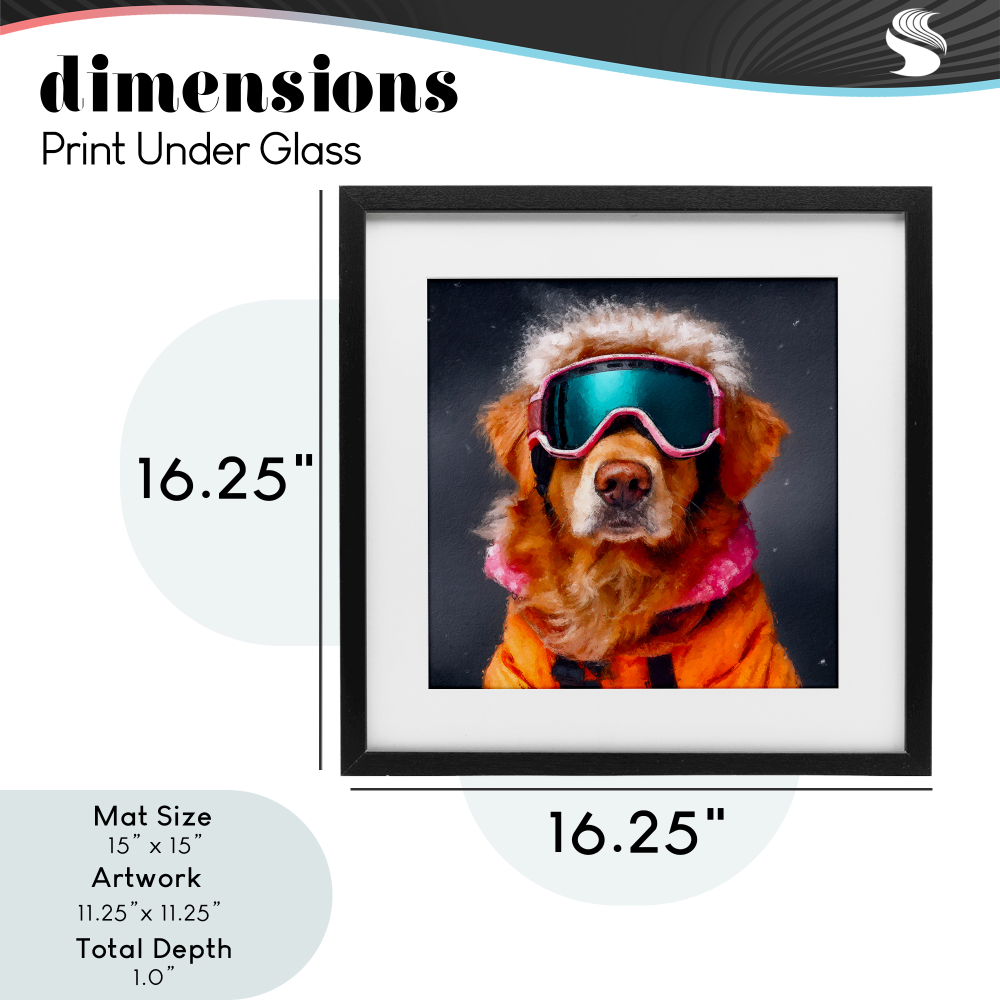 Ski Dog with Goggles Black Framed Print Under Glass, design by Sean Parnell