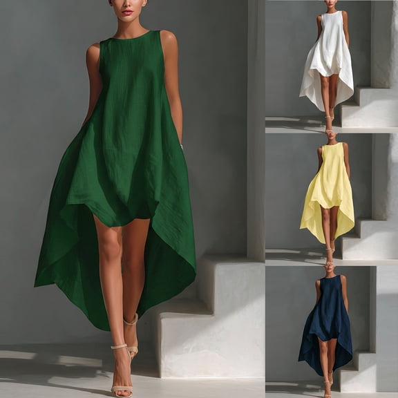 FRSASU Sleeveless Tank Dress for Women Round Neck Summer Solid Hem Flowy Vacation Casual Sundresses Yellow