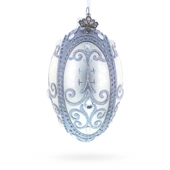 Silver Scrolls on White Glass Egg Ornament 4 Inches