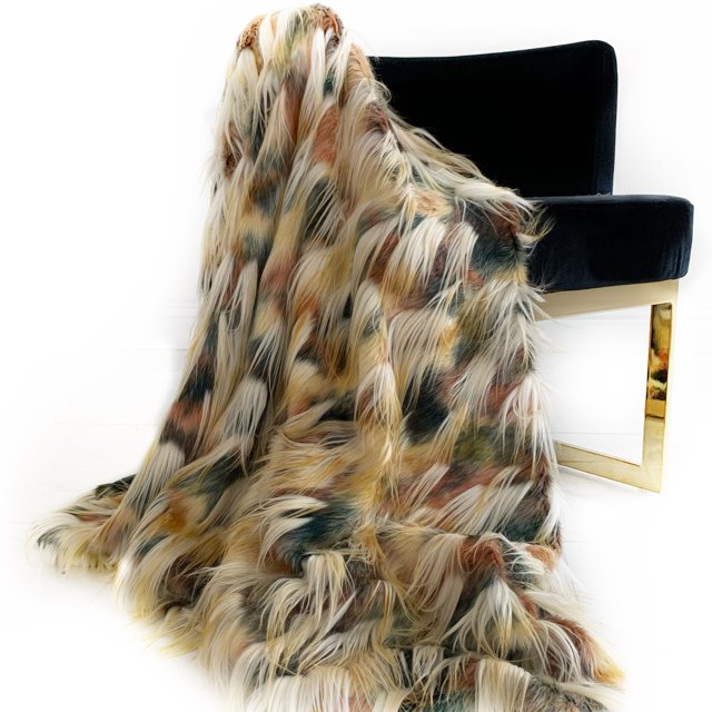 Plutus Multi-Color Fancy Feather Faux Fur Luxury Throw Blanket Blanket 108L x 90W Full - Queen- Multi-Color