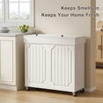 thumbnail image 7 of Double Kitchen Trash Can Cabinet, 2 × 13 Gallon Dog Proof Wood Garbage Can with Flip Out Lid, Farmhouse Hidden Trash Recycling Bin with Wheels for Indoor, 29.5" L × 12.6" W × 27.5" H, White, 7 of 7