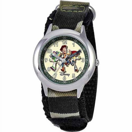Toy Story Buzz Lightyear, Woody, & Jessie Boys' Stainless Steel Watch, Camo Strap